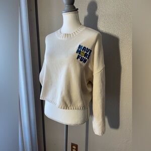 Sincerely Jules Cream Sweater with Blue Embroidered Graphic
